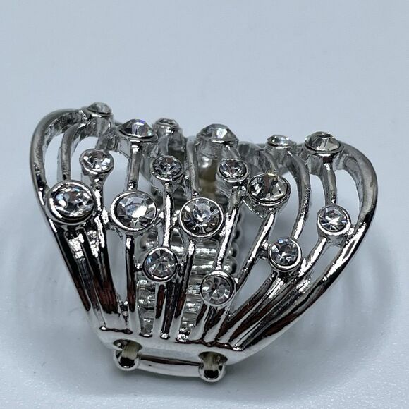 Stunning Silver Tone White Rhinestone Wide Stretch Band Ring Statement Fashion - Picture 5 of 7